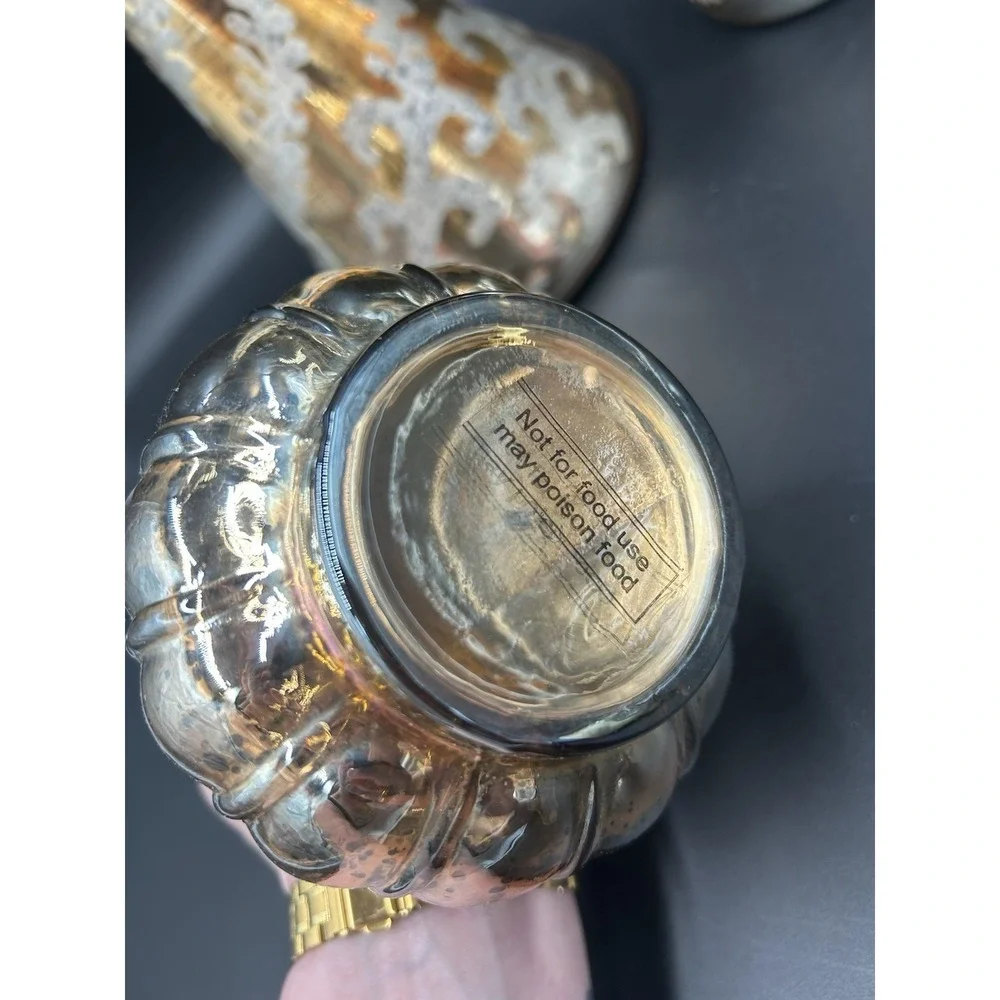 Gold Mercury Glass Decanters w/ Crystal Stoppers Vintage Style Set Of 3